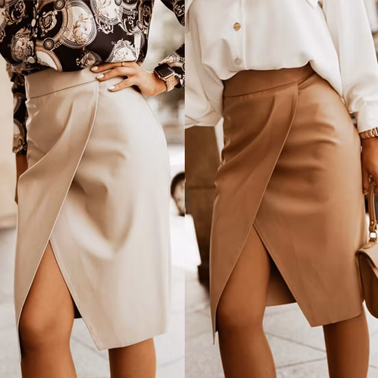 Women PU Leather Patchwork Front Slit Pure Color Mini Skirt
